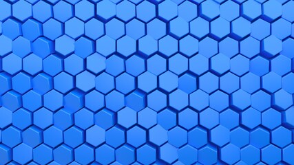 Abstract hexagonal background. A large number of blue hexagons. 3d wall texture, hexagonal blocks clusters. Cellular panel. 3d rendering geometric polygons
