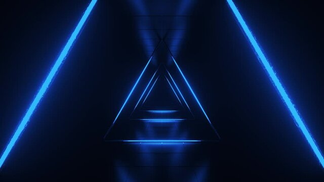 Abstract blue futuristic background. Space from glowing neon light tubes of astera on black background. Technology, VJ concept. Tunnel interior view from a triangle. Led lamp. 3d loop animation of 4K