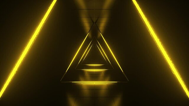 Abstract orange futuristic background. Space from glowing neon light tubes of astera on black background. Technology, VJ concept. Tunnel interior view from a triangle. Led lamp. 3d loop animation 4K