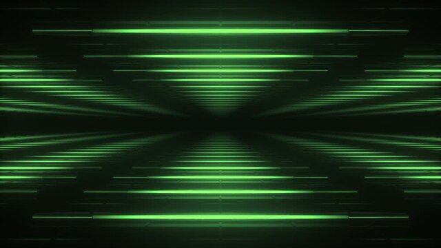 Abstract green futuristic background. Space from glowing neon light triangle tubes of astera on black background. Technology, VJ concept. Led lamp. Horizontal view. Seamless loop 3d animation of 4K