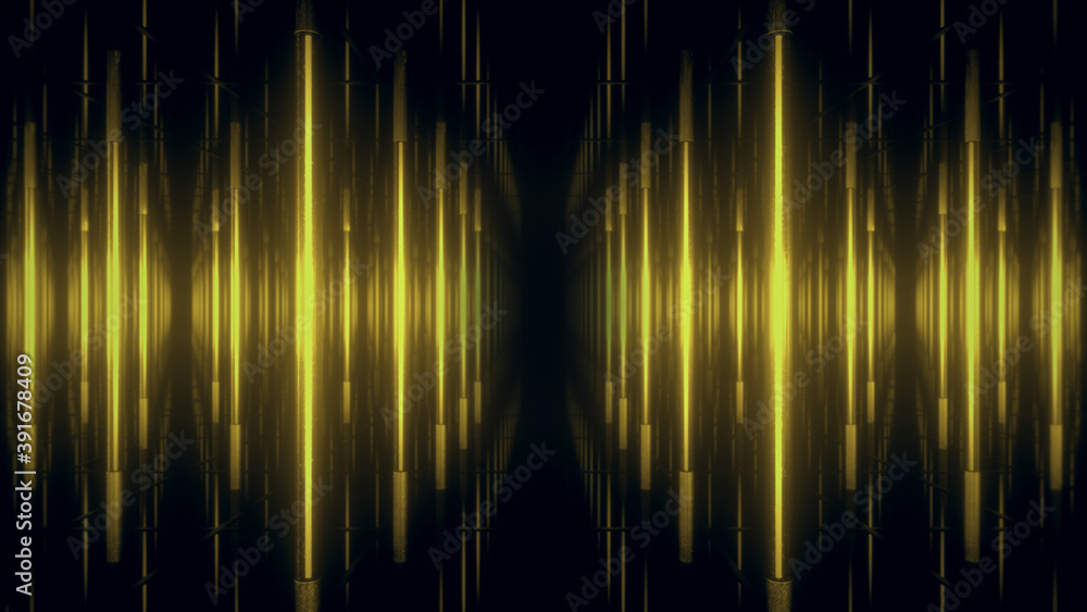 Poster abstract yellow futuristic background. space from glowing neon light tubes of astera on a black back