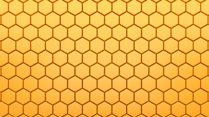 Abstract hexagonal background. A large number of orange hexagons. 3d wall texture, hexagonal blocks clusters. Cellular panel. 3d rendering geometric polygons