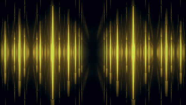 Abstract yellow futuristic background. Space from glowing neon light tubes of astera on a black background. Abstract technology. Vertical view. Led lamp. 3d rendering