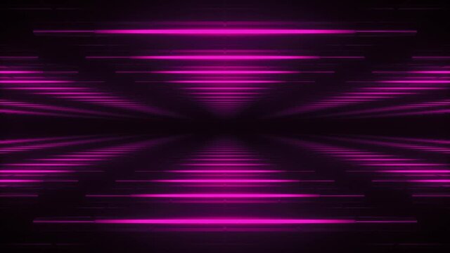Abstract pink futuristic background. Space from glowing neon light triangle tubes of astera on black background. Technology, VJ concept. Led lamp. Horizontal view. Seamless loop 3d animation of 4K
