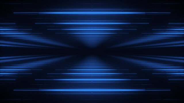 Abstract blue futuristic background. Space from glowing neon light triangle tubes of astera on black background. Technology, VJ concept. Led lamp. Horizontal view. Seamless loop 3d animation of 4K