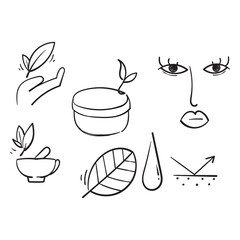 hand drawn Natural and organic cosmetics icons set. Skincare, no synthetic fragrance. with doodle style vector
