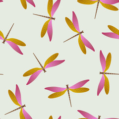 Dragonfly bright seamless pattern. Repeating dress textile print with flying adder insects. Close 