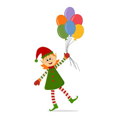 Merry Christmas Elf girl with balloons in cap and dress, color vector illustration, isolated, on white background. Clipart, design, decoration, holiday poster, sticker, print