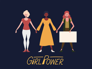 girl power, diverse group women with board