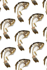 Geometric pattern from fish skeleton that was eaten, leftovers of food. Creative food background.