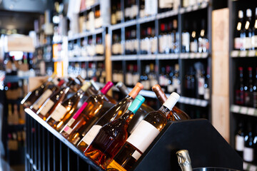 Rack with various wine bottles in modern wine store waiting for customers