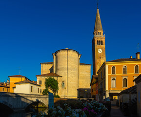 Cityscape of old historical buildings and Lemene river in Portogruaro, Venezia, Veneto, Italy