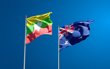 Beautiful national state flags of Myanmar and Australia.