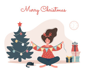 Smiling woman decorating Christmas tree. New year vintage postcard. The girl unwinds the garland. Preparing home before holiday celebration. Cute vector illustration in flat cartoon style.