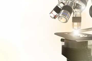 covid-19 discovery concept, object 3D illustration -  lab electronic scientific microscope with flare on bokeh background