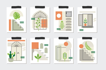 Modern creative abstract windows, stairs, doors, and flowers decoration note cards templates set on light gray background