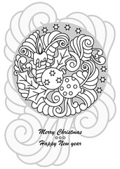 Hand-drawn Doodle round illustration. Christmas items and elements . Holiday illustration for a greeting card, poster, or coloring book page. Vector graphics