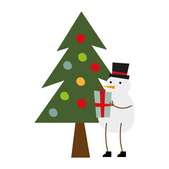 cute snowman with gift and pine tree