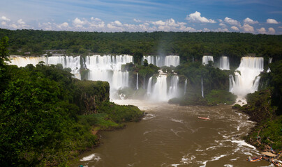 Fototapeta na wymiar Complex of waterfalls (Cataratas del Iguazu) on Iguazu River on border of Brazil and Argentina