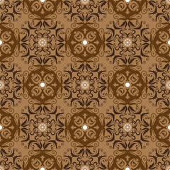 Modern flower and circle motifs on fabric Solo batik with smooth brown color design.