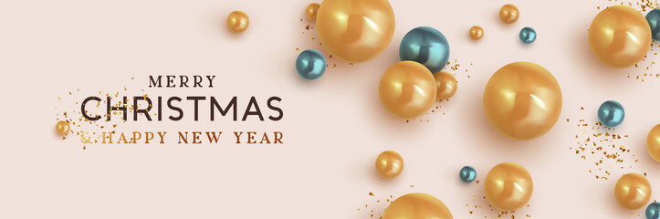 Merry Christmas and Happy New Year. Background Xmas design of realistic balls gold and blue. Horizontal Banner, poster, header for website