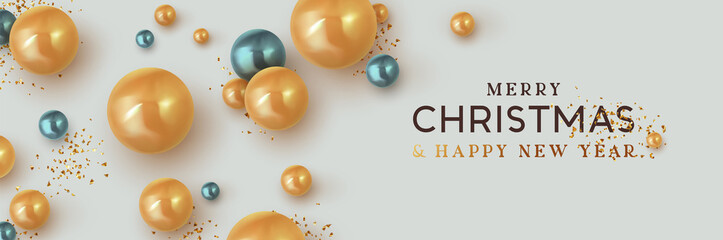 Merry Christmas and Happy New Year. Background Xmas design of realistic balls gold and blue. Horizontal Banner, poster, header for website