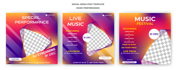 Set of editable square banner. Music festival banner with colorful background. Flat design template vector with photo collage. Perfect for social media post, banner and web internet ads.