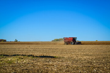 Harvester harvesting corn in a field in the fall in Quebec