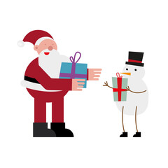 christmas santa claus and snowman lifting gifts