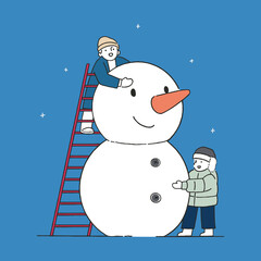Happy children building snowman in the park, winter concept, hand-drawn line art style vector illustration.