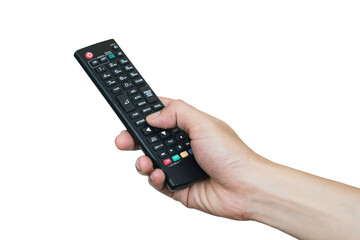 His hand is holding the remote control and operate the remote control. on the White Background . Concept of Technology