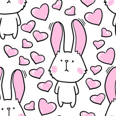 Seamless pattern. Vector illustration. Hand drawing cartoon character. White rabbit with pink ears and pink hearts. Illustration for Easter and Valentine's Day.