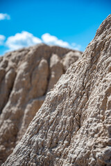 Close focus on geological formation in badlands of South Dakota, USA