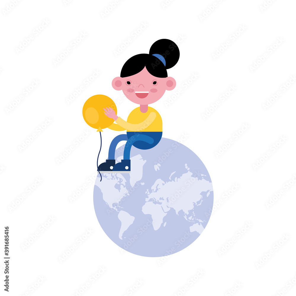 Poster cute little girl with balloon helium seated in earth planet