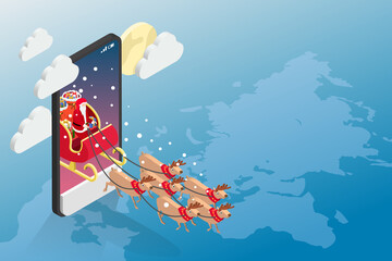 Isometric Santa claus in red sleigh by reindeer coming out of the phone screen, Father christmas new year, Merry Christmas and Happy New Year.
