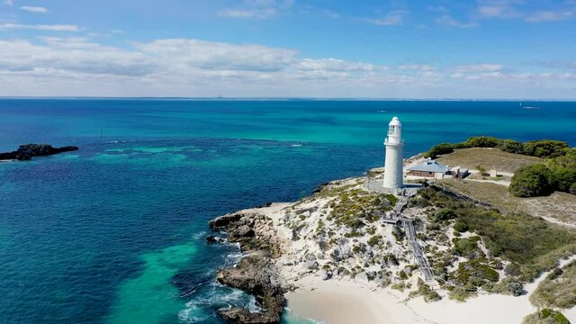 Rottnest Island Lighthouse Clear Blue Water Aerial Drone Footage 4k 