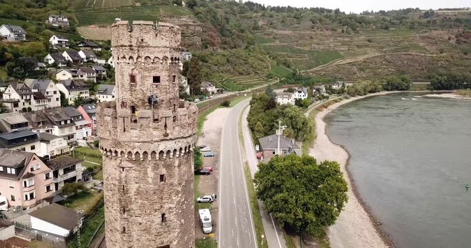 Tower of Oberwesel Germany in Summer, by drone.