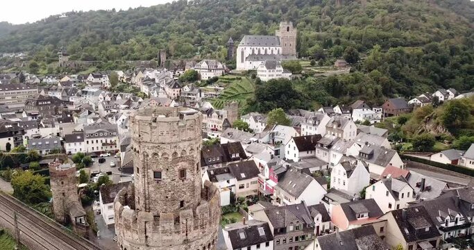 Tower of Oberwesel Germany in Summer, by drone.
