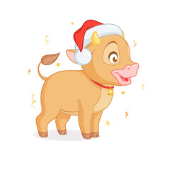 Cute baby bull in Santas hat standing. Cartoon vector on white background.