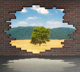Vacation concept with brick wall