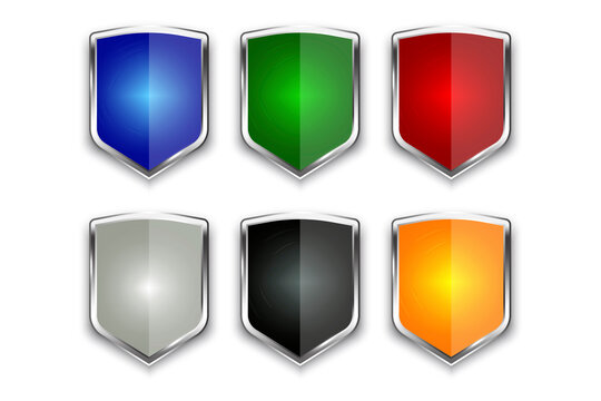 Vector shield icon. White background. Safety badge steel icon. 3d shields set for banner design. Stock image. EPS10.