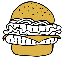 Vector isolated element. Illustration with takeaway food. Logo for the fast food menu. Hand drawn doodle. Cheeseburger, Burger