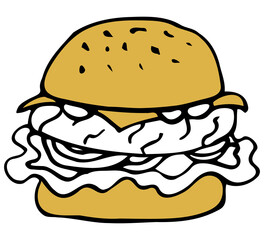 Vector isolated element. Illustration with takeaway food. Logo for the fast food menu. Hand drawn doodle. Cheeseburger, Burger