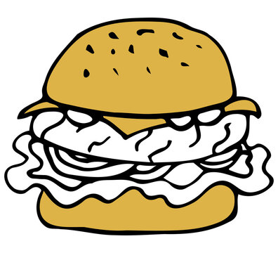 Vector isolated element. Illustration with takeaway food. Logo for the fast food menu. Hand drawn doodle. Cheeseburger, Burger