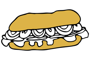 Vector isolated element. Illustration with takeaway food. Logo for the fast food menu. Hand drawn doodle. Sandwich