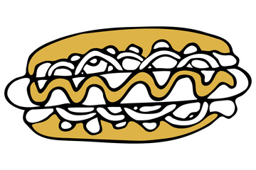 Vector isolated element. Illustration with takeaway food. Logo for the fast food menu. Hand drawn doodle. Hot dog
