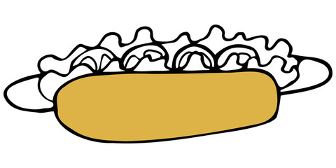 Vector isolated element. Illustration with takeaway food. Logo for the fast food menu. Hand drawn doodle. Hot dog