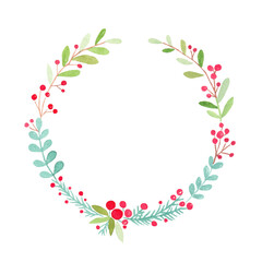 Fototapeta na wymiar Christmas wreath watercolor painting isolatedon white background, Christmas season greeting card illustration, Holiday inviation frame background