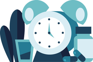 bottle with capsules drugs imnsomia and alarm clock