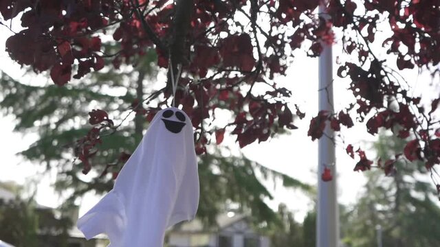 Tracking in shot of a scary Halloween ghost decoration hanging on a blossom tree and swaying with the wind on a sunny autumn day in a residential neighborhood